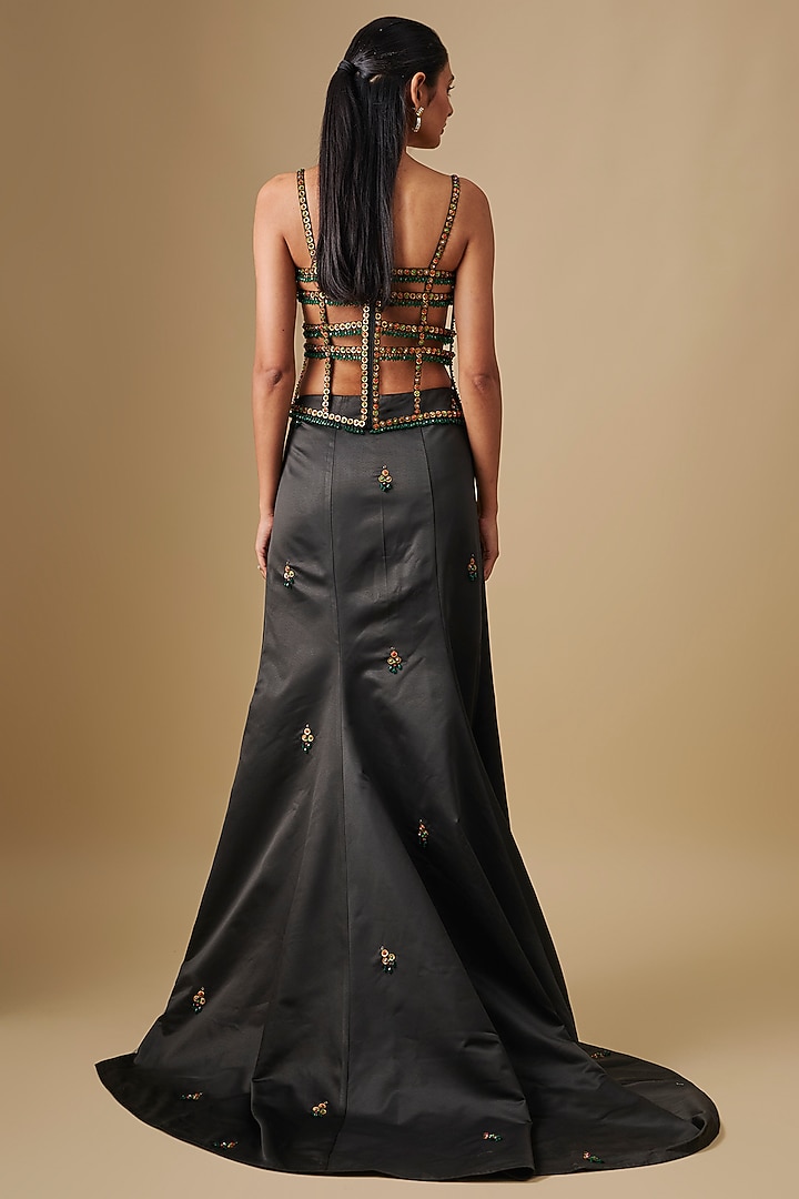 Black Satin Fishtail Skirt Set by Rajat Tangri at Pernia's Pop Up Shop