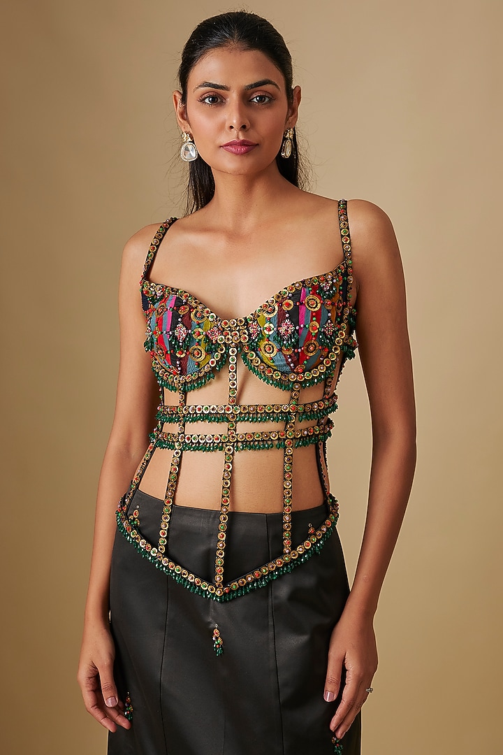 Black Satin Fishtail Skirt Set by Rajat Tangri at Pernia's Pop Up Shop