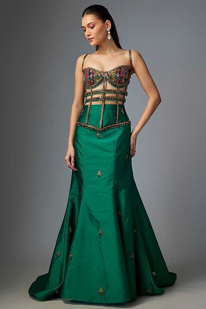 Emerald Green Satin Fishtail Skirt Set by Rajat tangri at Pernia's Pop Up Shop