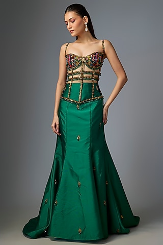 Emerald Green Satin Fishtail Skirt Set by Rajat tangri