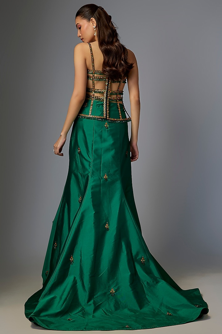 Emerald Green Satin Fishtail Skirt Set by Rajat tangri at Pernia's Pop Up Shop