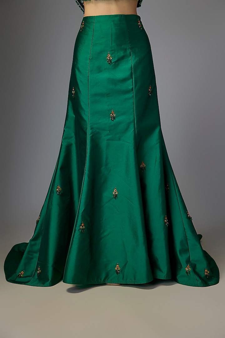 Emerald Green Satin Fishtail Skirt Set by Rajat tangri at Pernia's Pop Up Shop