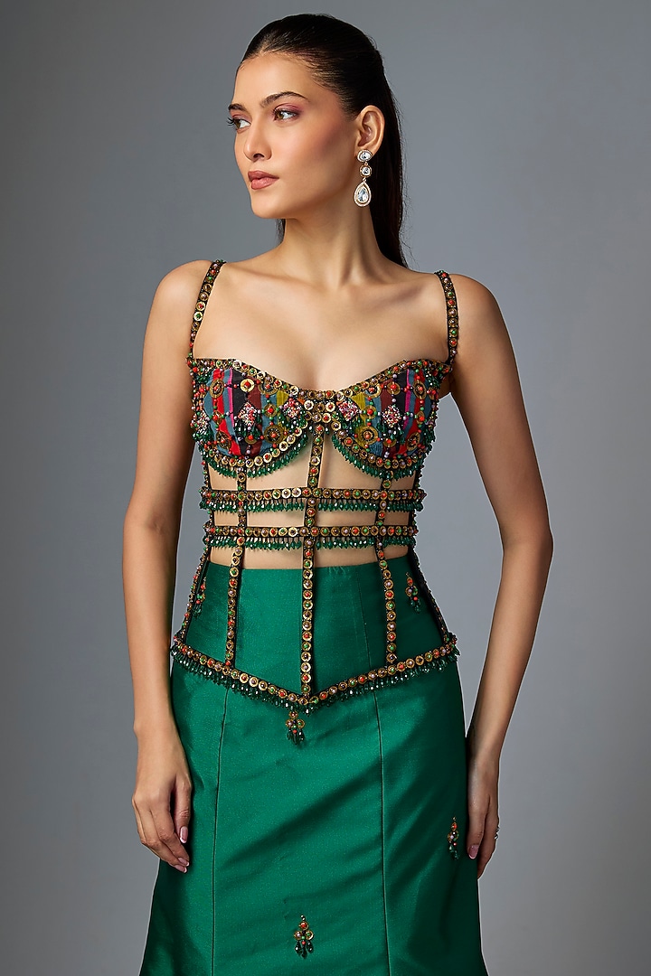 Emerald Green Satin Fishtail Skirt Set by Rajat tangri at Pernia's Pop Up Shop