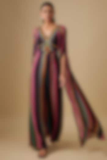 Black Georgette Striped Hand Embroidered Jumpsuit by Rajat Tangri at Pernia's Pop Up Shop