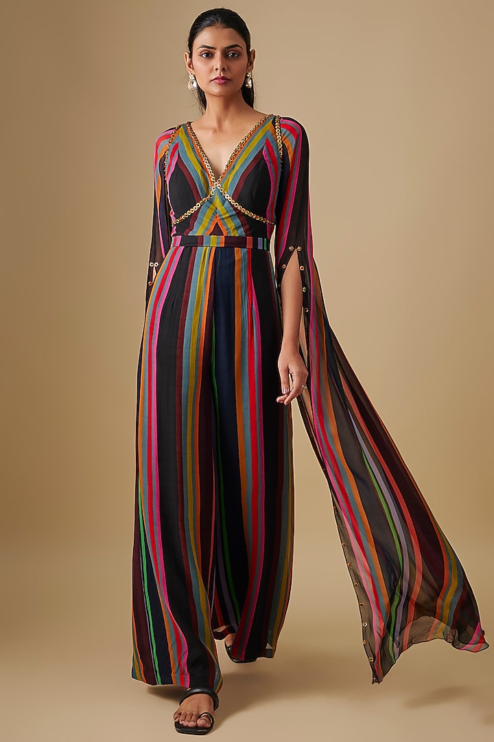 Black Georgette Striped Hand Embroidered Jumpsuit by Rajat Tangri at Pernia's Pop Up Shop