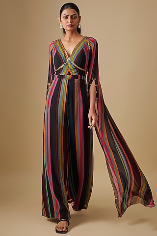 Black Georgette Striped Hand Embroidered Jumpsuit by Rajat Tangri