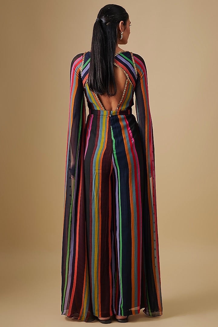 Black Georgette Striped Hand Embroidered Jumpsuit by Rajat Tangri at Pernia's Pop Up Shop