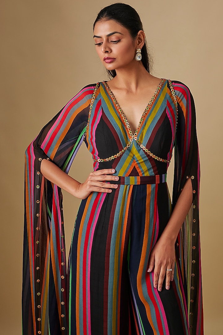 Black Georgette Striped Hand Embroidered Jumpsuit by Rajat Tangri at Pernia's Pop Up Shop