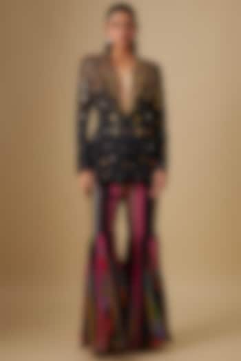 Black Georgette & Linen Hand Embroidered Jacket Set by Rajat Tangri at Pernia's Pop Up Shop