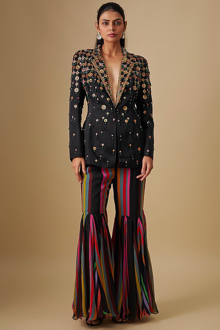 Black Georgette & Linen Hand Embroidered Jacket Set by Rajat Tangri at Pernia's Pop Up Shop