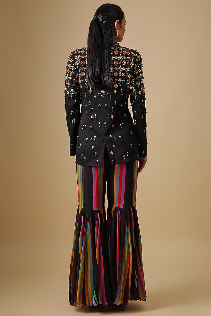 Black Georgette & Linen Hand Embroidered Jacket Set by Rajat Tangri at Pernia's Pop Up Shop