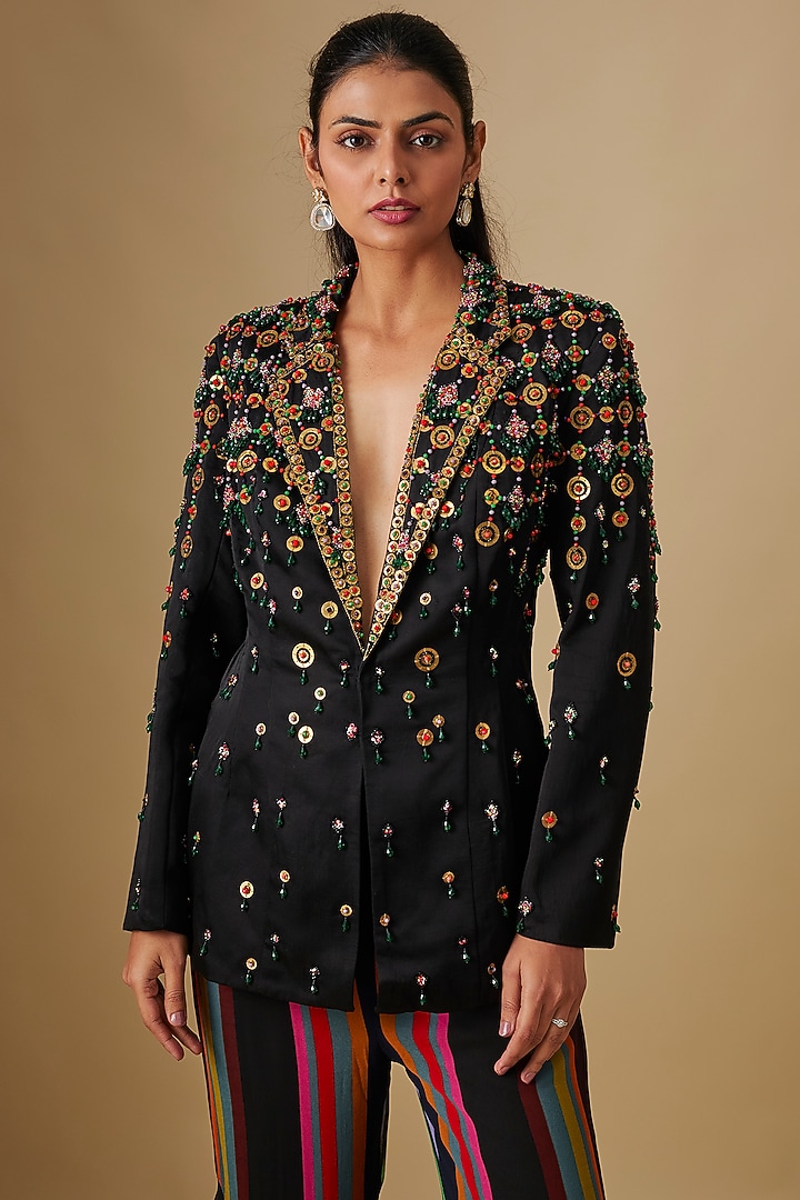 Black Georgette & Linen Hand Embroidered Jacket Set by Rajat Tangri at Pernia's Pop Up Shop