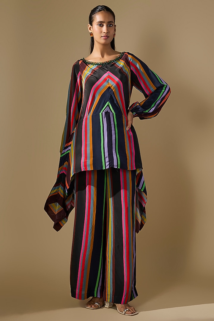 Black Crepe Embroidered Striped Co-Ord Set by Rajat tangri at Pernia's Pop Up Shop