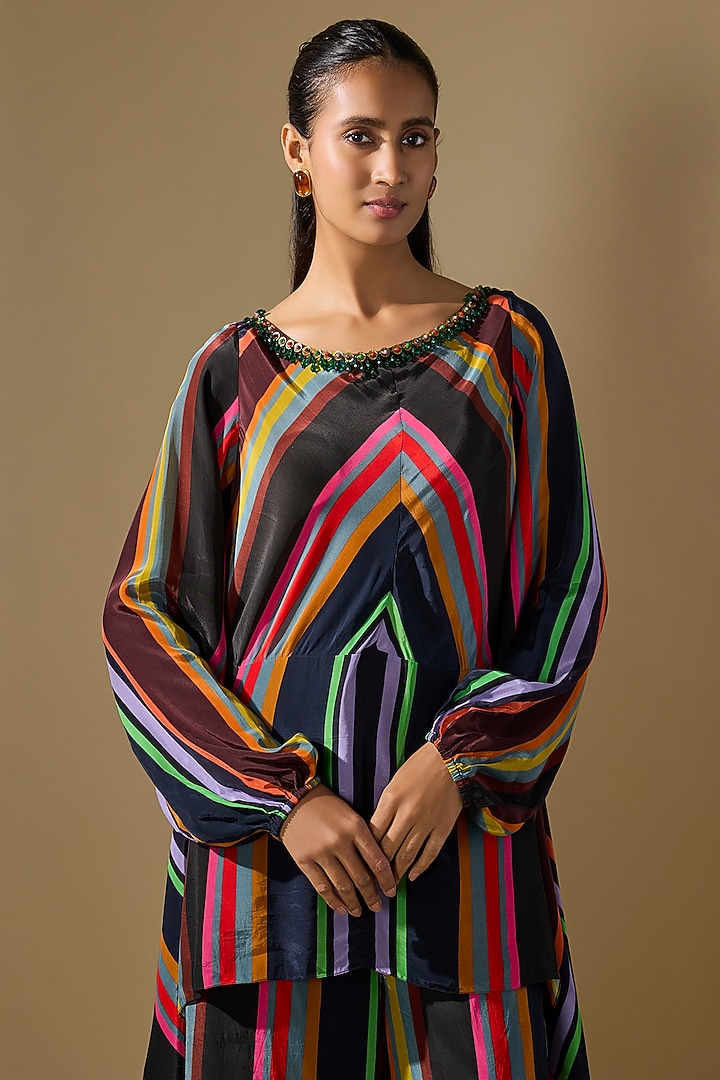 Black Crepe Embroidered Striped Co-Ord Set by Rajat tangri at Pernia's Pop Up Shop