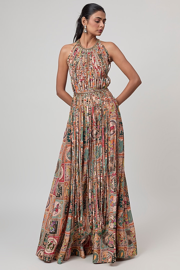 Beige Crepe Printed Flared Pants Set by Rajat Tangri at Pernia's Pop Up Shop