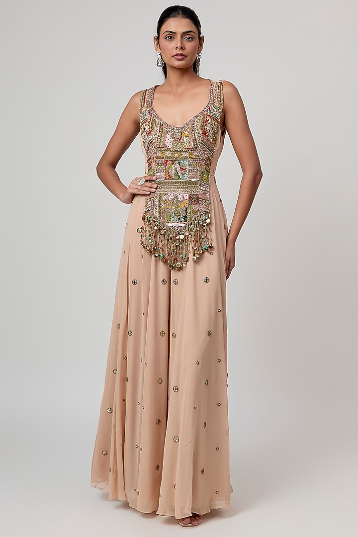Beige Crepe & Georgette Embroidered Jumpsuit by Rajat Tangri at Pernia's Pop Up Shop