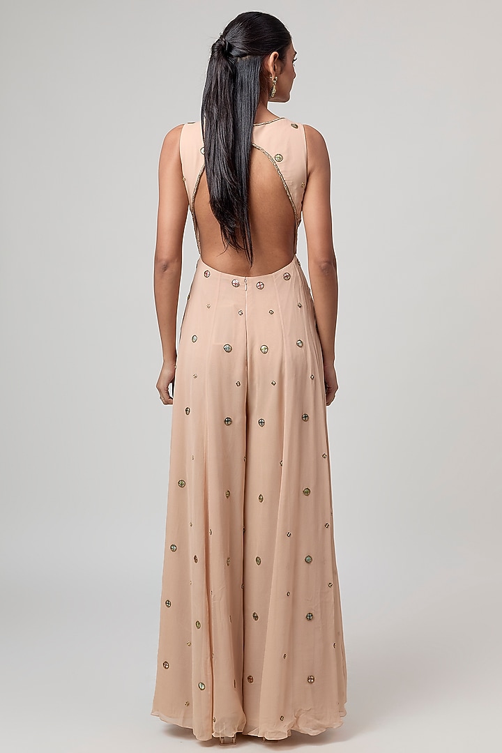 Beige Crepe & Georgette Embroidered Jumpsuit by Rajat Tangri at Pernia's Pop Up Shop
