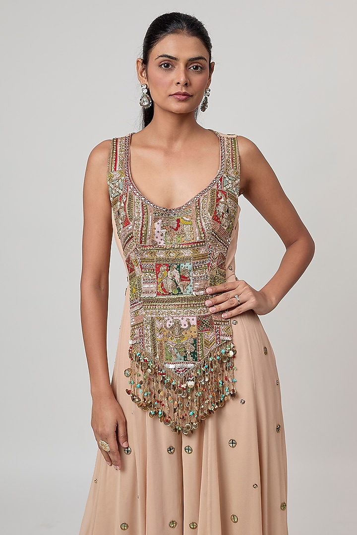 Beige Crepe & Georgette Embroidered Jumpsuit by Rajat Tangri at Pernia's Pop Up Shop