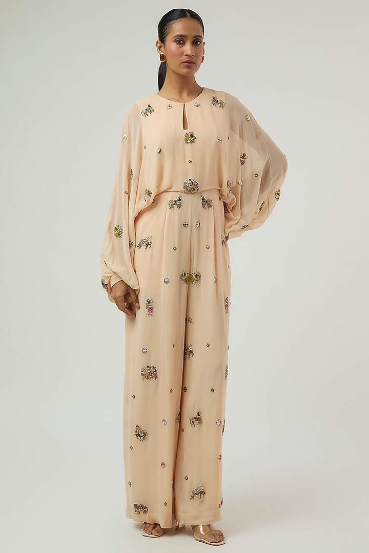 Beige Georgette Hand Embroidered Jumpsuit by Rajat Tangri at Pernia's Pop Up Shop
