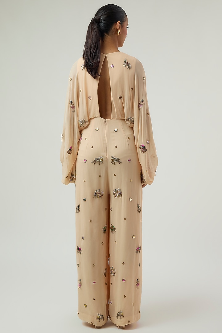 Beige Georgette Hand Embroidered Jumpsuit by Rajat Tangri at Pernia's Pop Up Shop