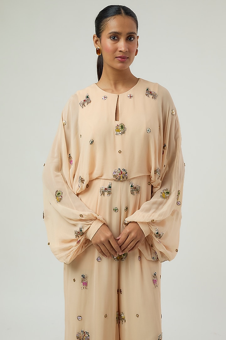 Beige Georgette Hand Embroidered Jumpsuit by Rajat Tangri at Pernia's Pop Up Shop