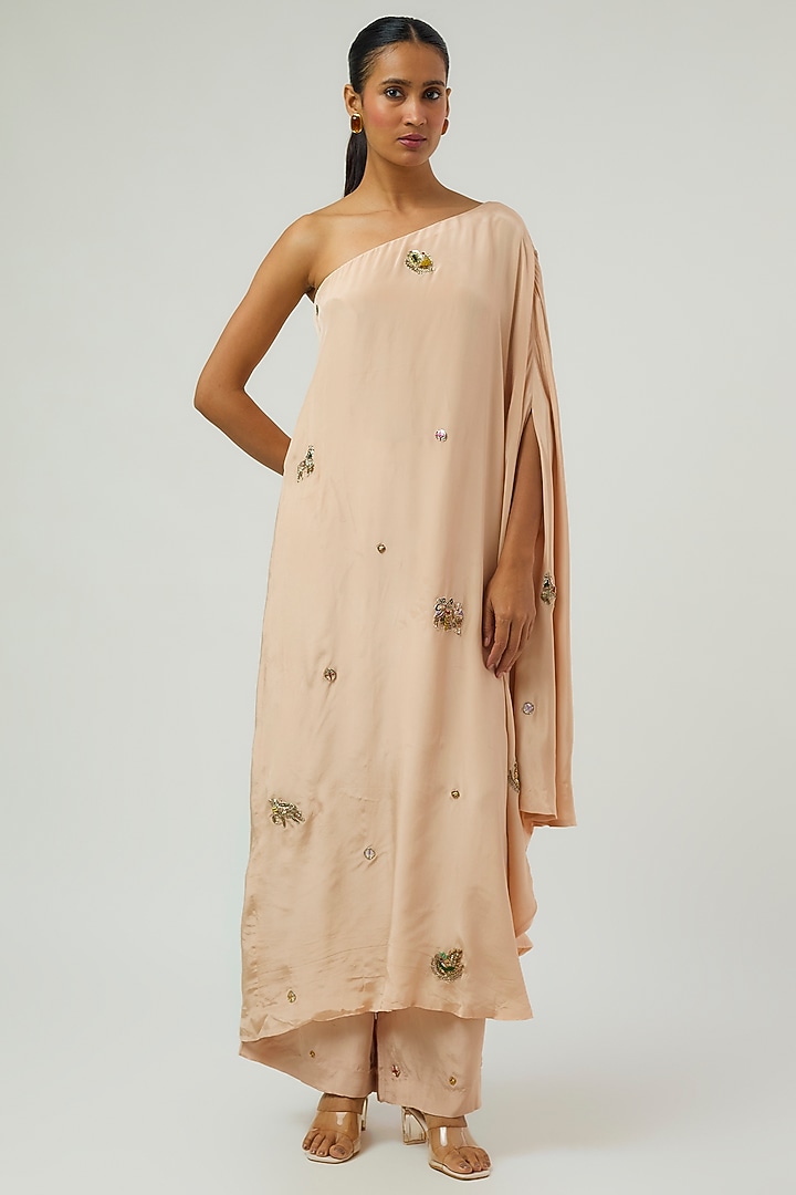 Beige Crepe Hand Embroidered Tunic Set by Rajat Tangri at Pernia's Pop Up Shop