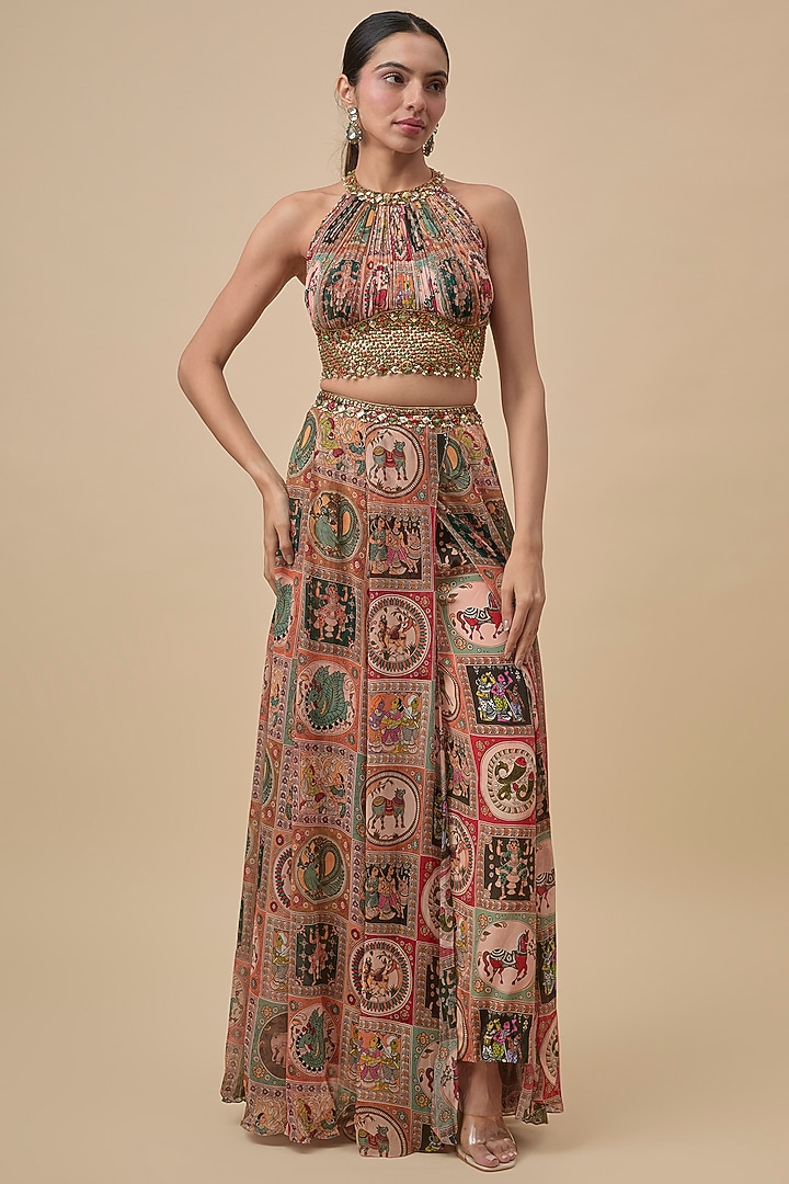 Beige Crepe Printed Lehenga-Style Pants Set by Rajat Tangri at Pernia's Pop Up Shop