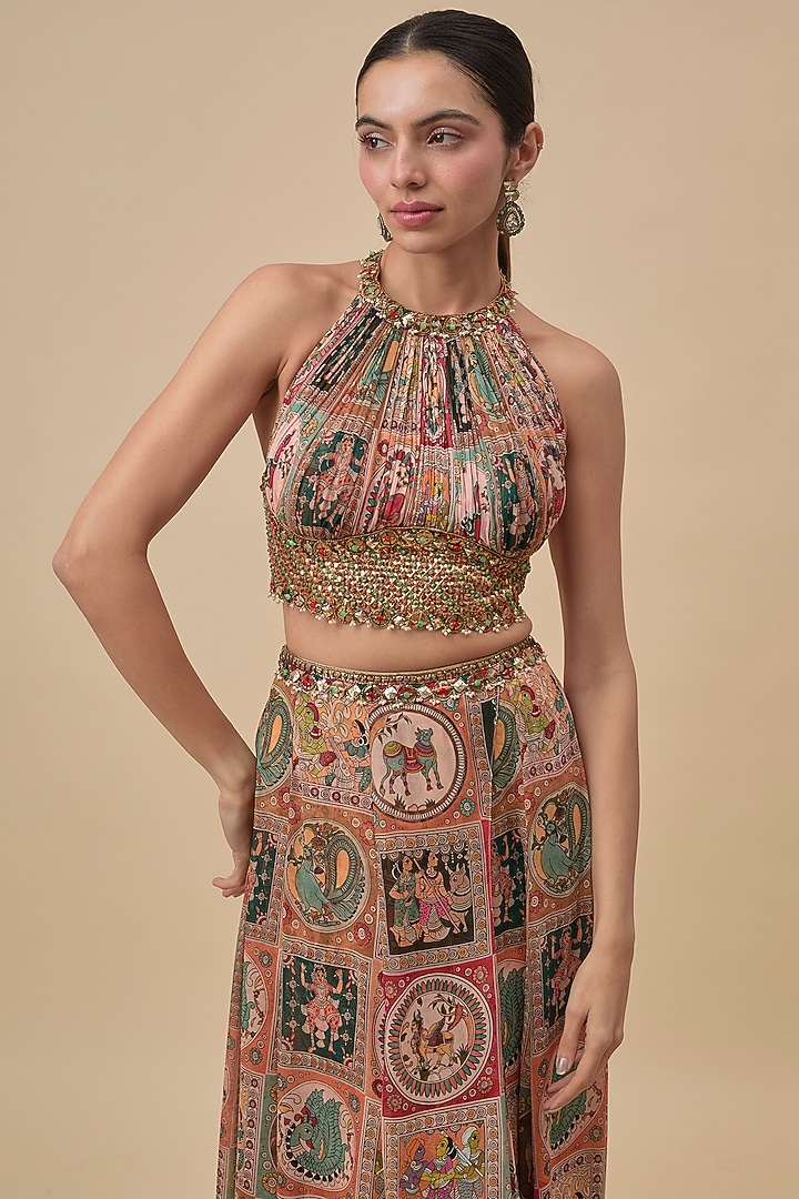 Beige Crepe Printed Lehenga-Style Pants Set by Rajat Tangri at Pernia's Pop Up Shop