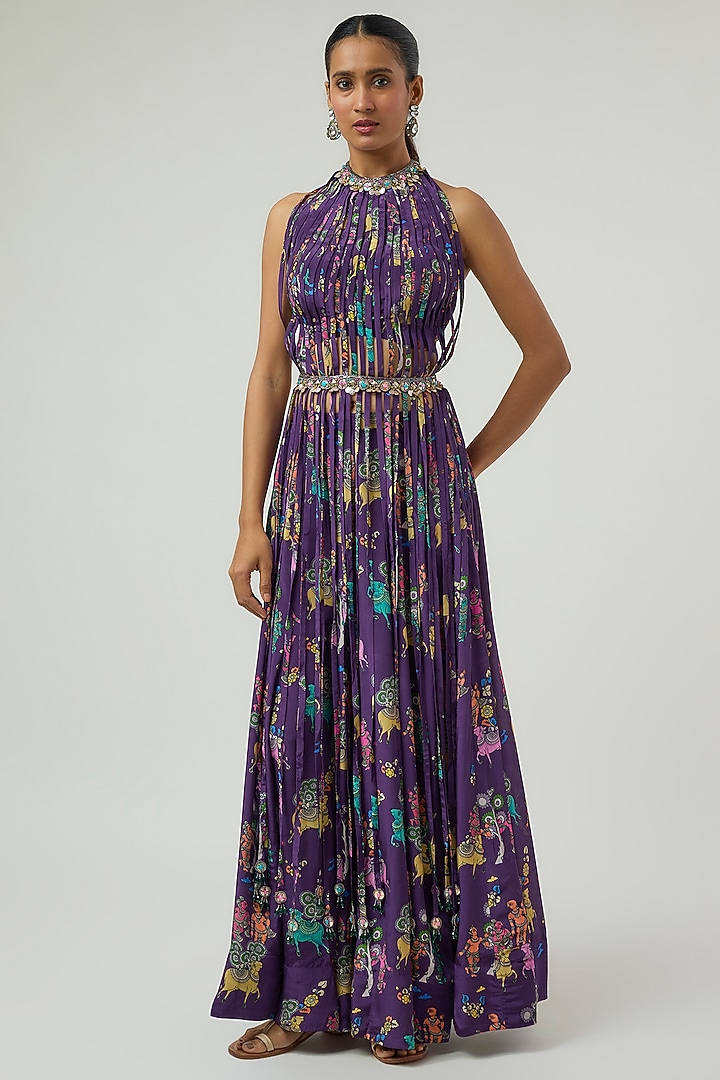 Purple Crepe Printed Kalidar Pant Set by Rajat Tangri at Pernia's Pop Up Shop