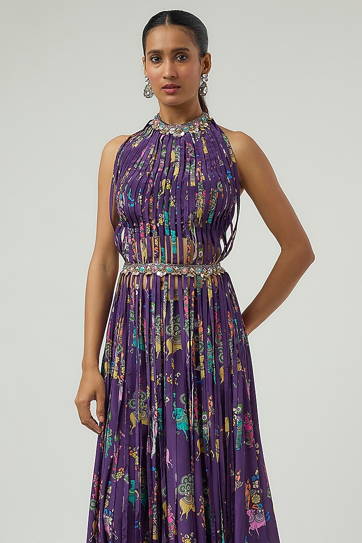 Purple Crepe Printed Kalidar Pant Set by Rajat Tangri at Pernia's Pop Up Shop
