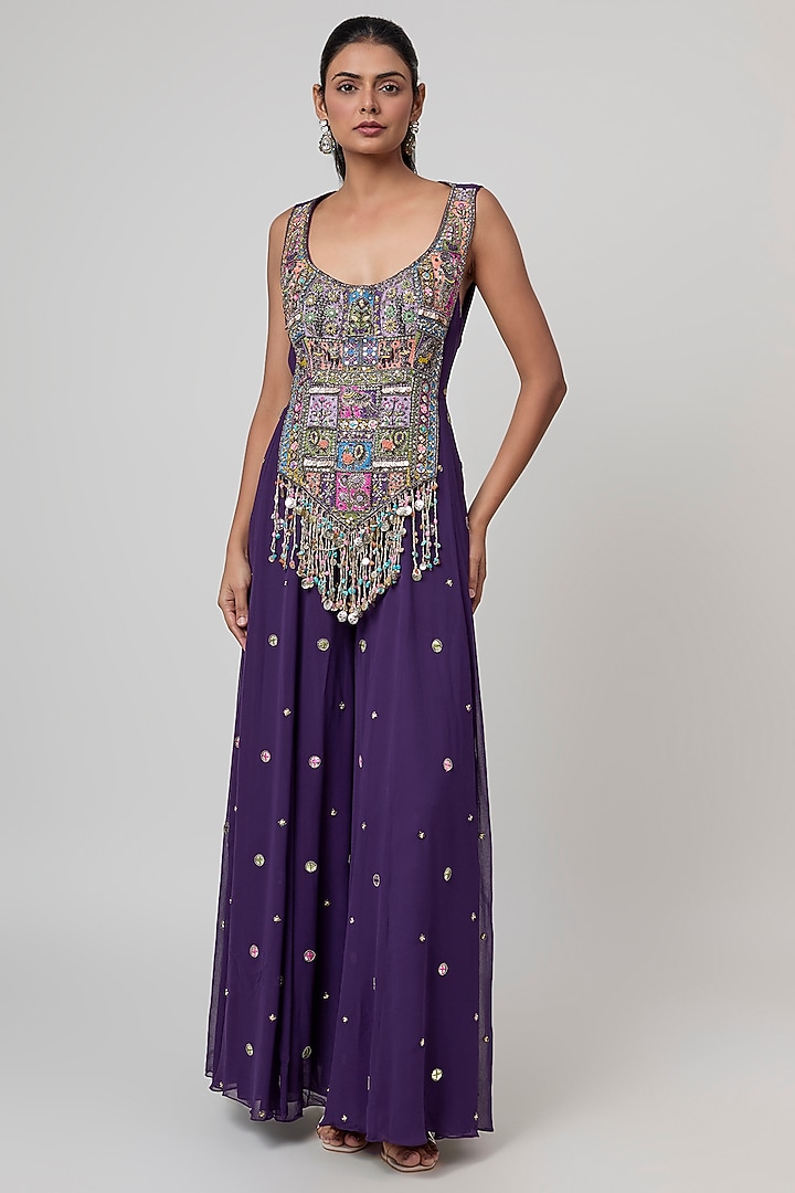 Purple Crepe & Georgette Hand Embroidered Jumpsuit by Rajat Tangri at Pernia's Pop Up Shop
