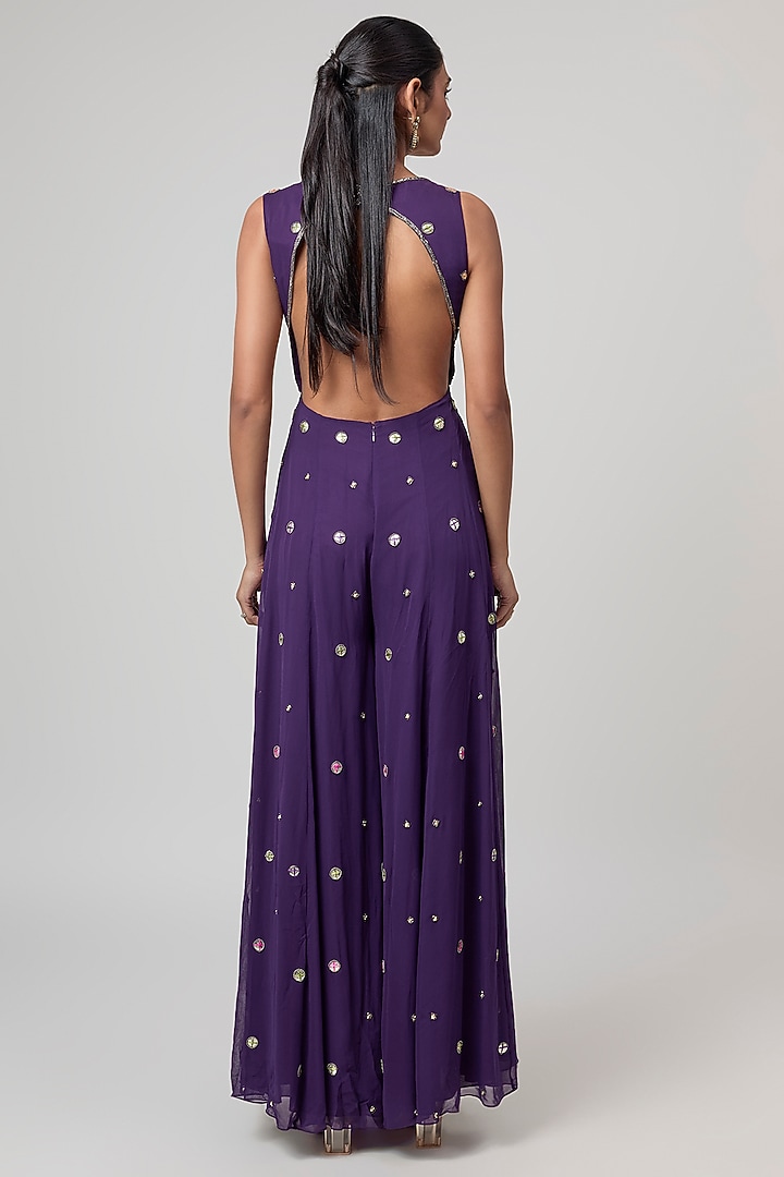 Purple Crepe & Georgette Hand Embroidered Jumpsuit by Rajat Tangri at Pernia's Pop Up Shop
