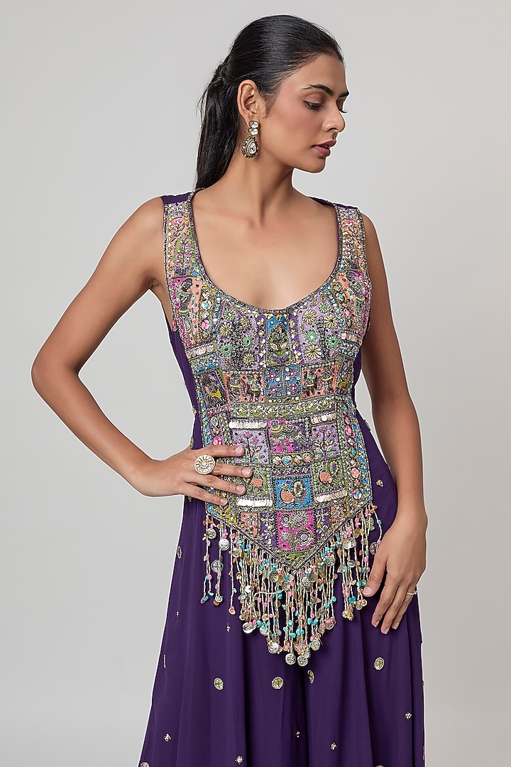 Purple Crepe & Georgette Hand Embroidered Jumpsuit by Rajat Tangri at Pernia's Pop Up Shop