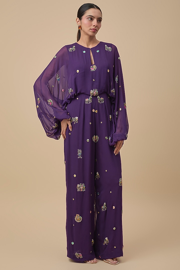 Purple Georgette Hand Embroidered Jumpsuit by Rajat Tangri at Pernia's Pop Up Shop