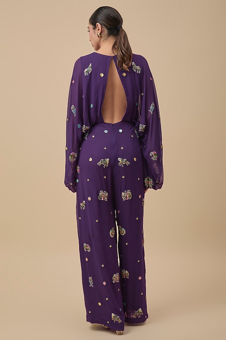 Purple Georgette Hand Embroidered Jumpsuit by Rajat Tangri at Pernia's Pop Up Shop