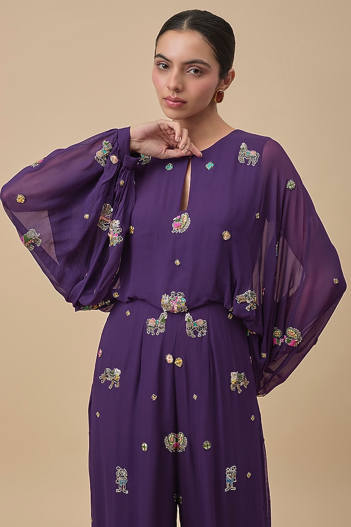 Purple Georgette Hand Embroidered Jumpsuit by Rajat Tangri at Pernia's Pop Up Shop