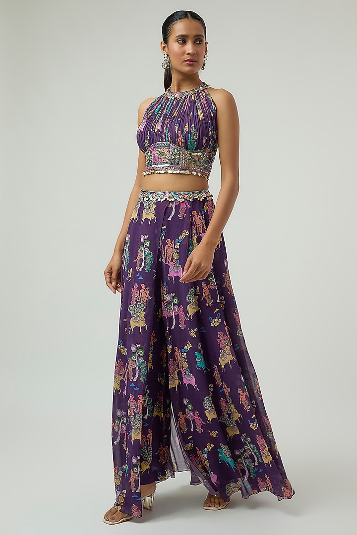 Purple Crepe Printed Lehenga-Style Pant Set by Rajat Tangri at Pernia's Pop Up Shop