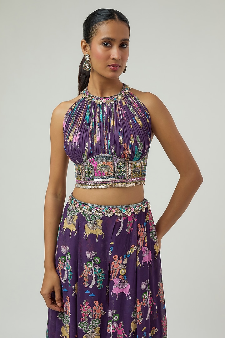 Purple Crepe Printed Lehenga-Style Pant Set by Rajat Tangri at Pernia's Pop Up Shop
