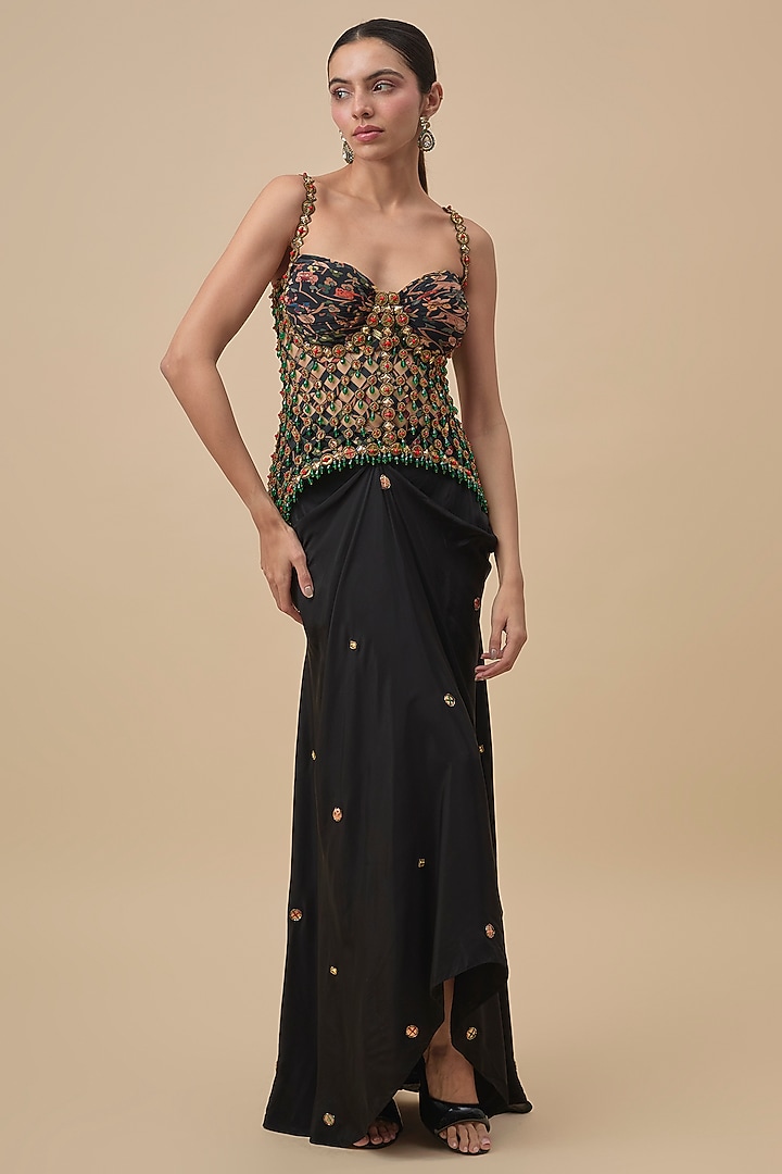 Black Crepe Embroidered Draped Skirt Set by Rajat Tangri at Pernia's Pop Up Shop