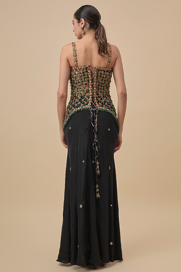 Black Crepe Embroidered Draped Skirt Set by Rajat Tangri at Pernia's Pop Up Shop
