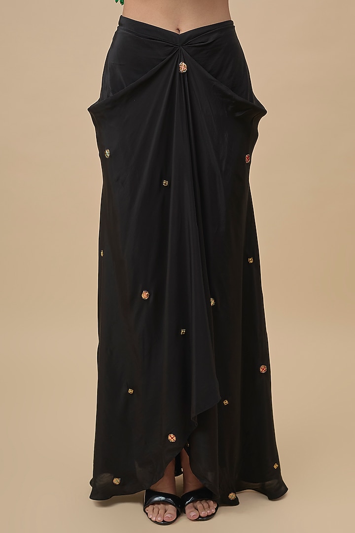 Black Crepe Embroidered Draped Skirt Set by Rajat Tangri at Pernia's Pop Up Shop