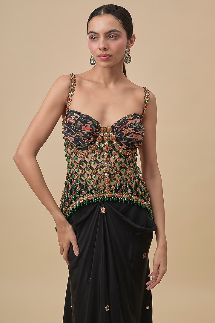 Black Crepe Embroidered Draped Skirt Set by Rajat Tangri at Pernia's Pop Up Shop