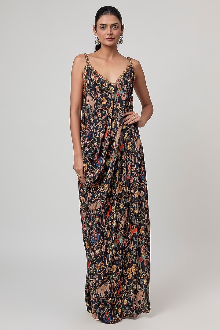 Black Crepe Kalamkari Printed Draped Maxi Cocktail Dress by Rajat Tangri at Pernia's Pop Up Shop