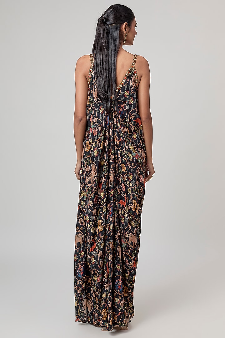 Black Crepe Kalamkari Printed Draped Maxi Cocktail Dress by Rajat Tangri at Pernia's Pop Up Shop