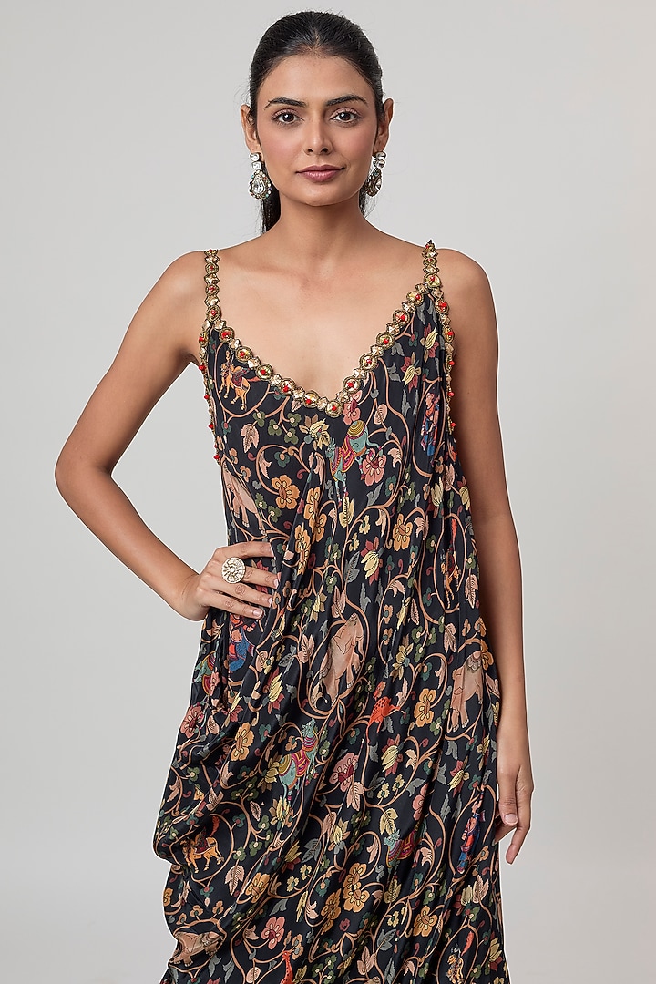 Black Crepe Kalamkari Printed Draped Maxi Cocktail Dress by Rajat Tangri at Pernia's Pop Up Shop