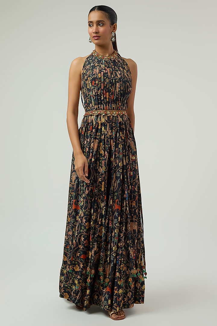 Black Crepe Printed Kalidar Pant Set by Rajat Tangri at Pernia's Pop Up Shop