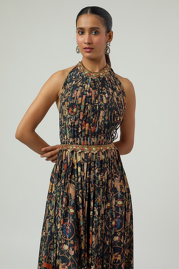 Black Crepe Printed Kalidar Pant Set by Rajat Tangri at Pernia's Pop Up Shop