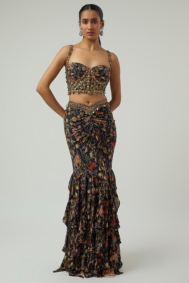 Black Georgette Kalamkari Printed Gathered Skirt Set by Rajat Tangri at Pernia's Pop Up Shop