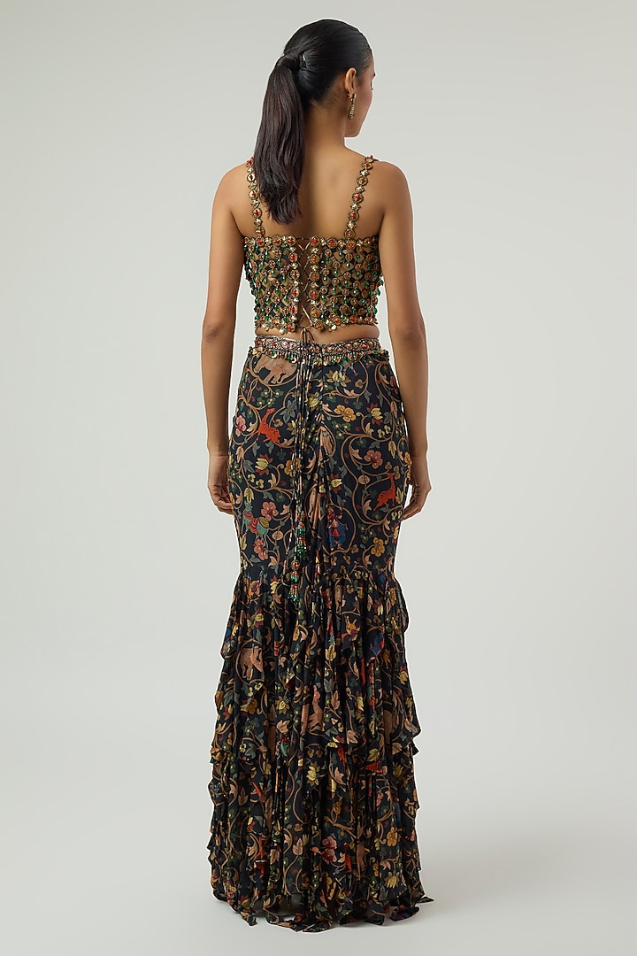 Black Georgette Kalamkari Printed Gathered Skirt Set by Rajat Tangri at Pernia's Pop Up Shop