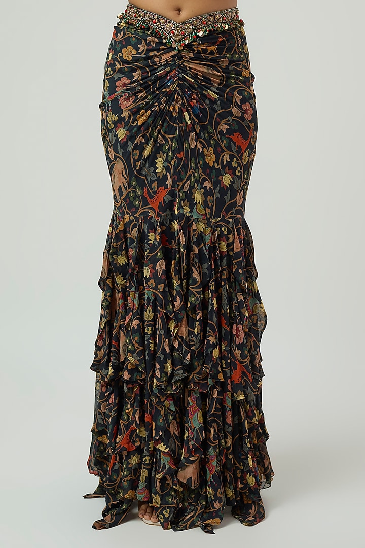 Black Georgette Kalamkari Printed Gathered Skirt Set by Rajat Tangri at Pernia's Pop Up Shop